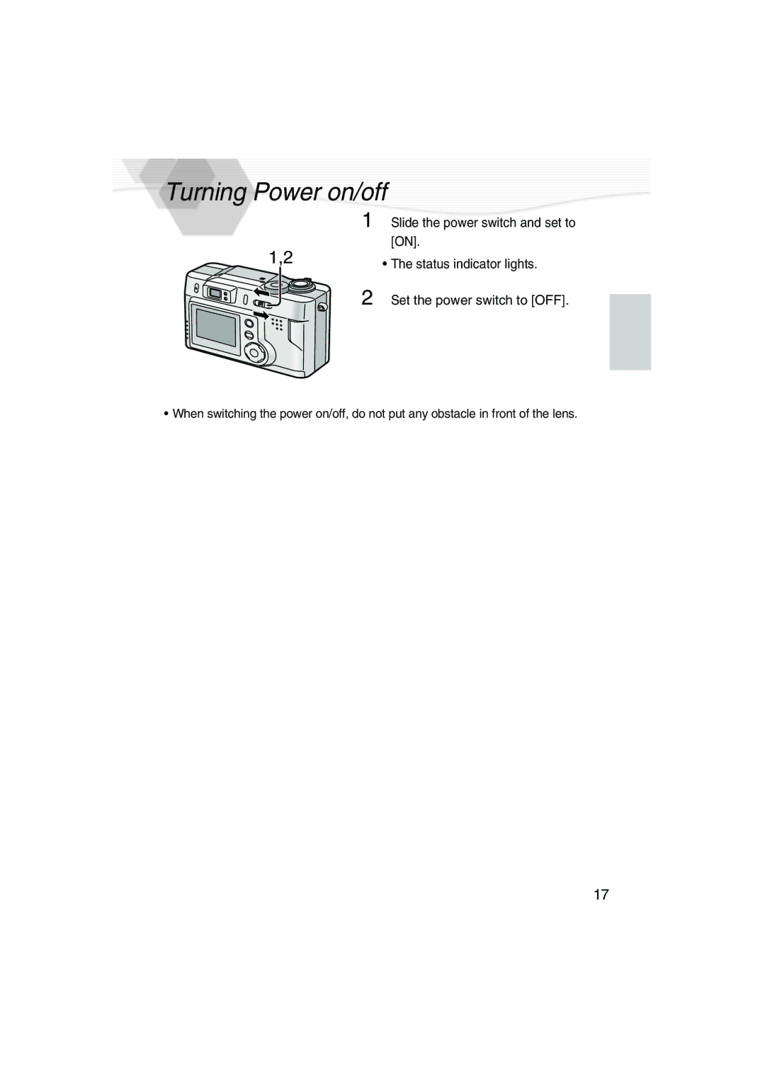 Panasonic DMC-LC20PP operating instructions Turning Power on/off, Status indicator lights 