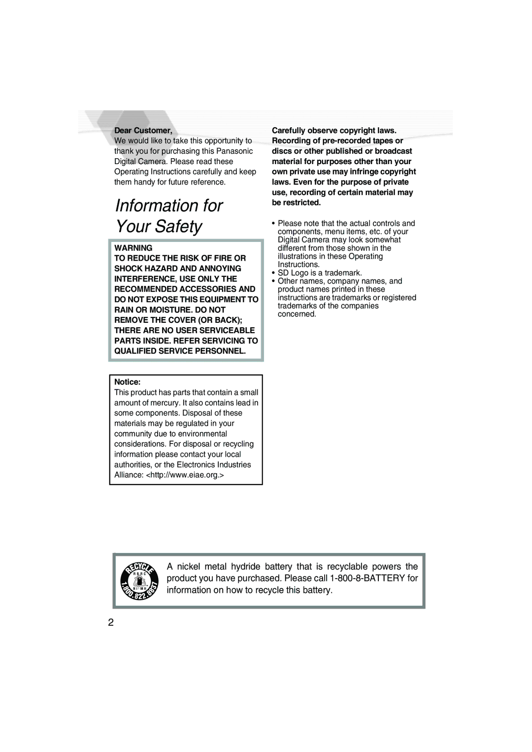 Panasonic DMC-LC20PP operating instructions Information for Your Safety, Dear Customer 