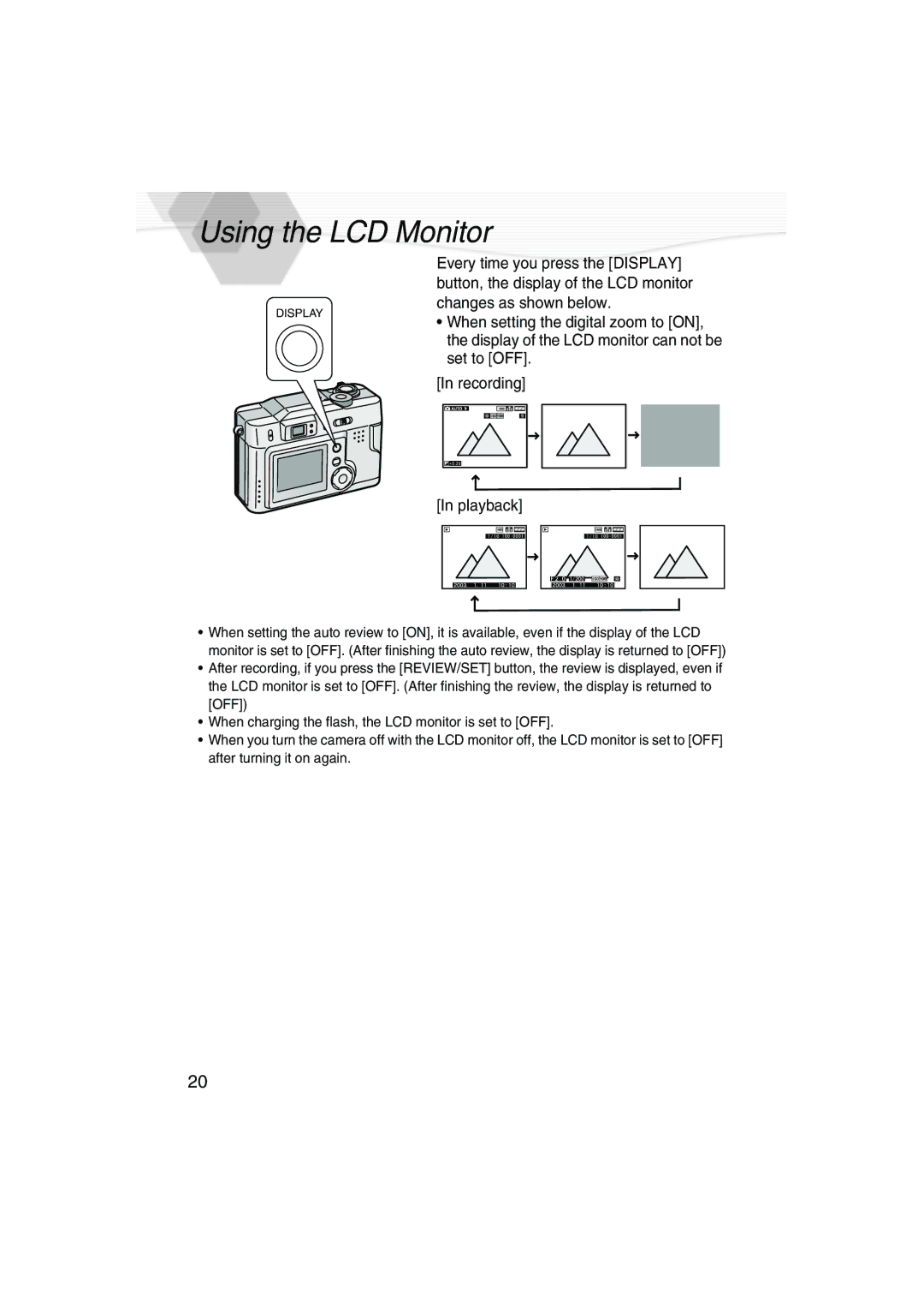 Panasonic DMC-LC20PP operating instructions Using the LCD Monitor 