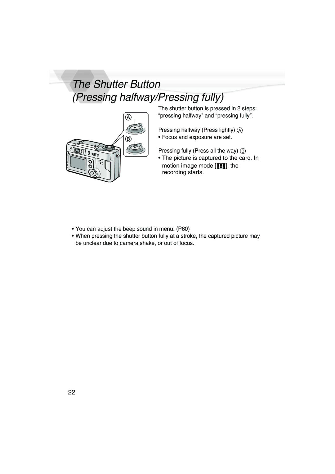 Panasonic DMC-LC20PP operating instructions Shutter Button Pressing halfway/Pressing fully 