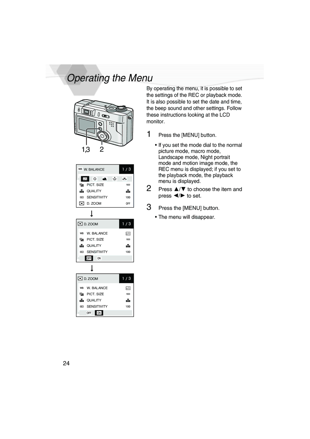 Panasonic DMC-LC20PP operating instructions Operating the Menu 