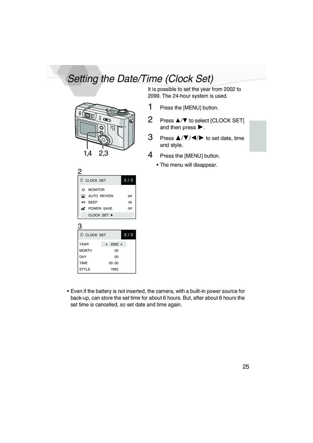 Panasonic DMC-LC20PP operating instructions Setting the Date/Time Clock Set 