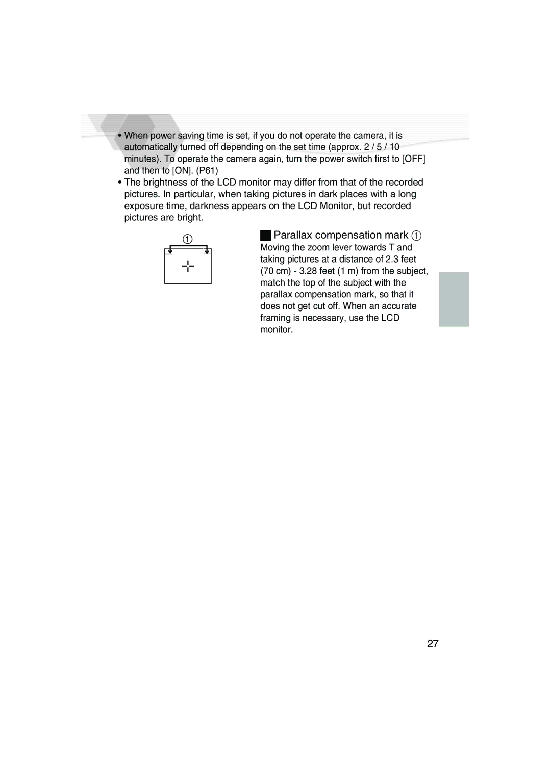 Panasonic DMC-LC20PP operating instructions Parallax compensation mark 