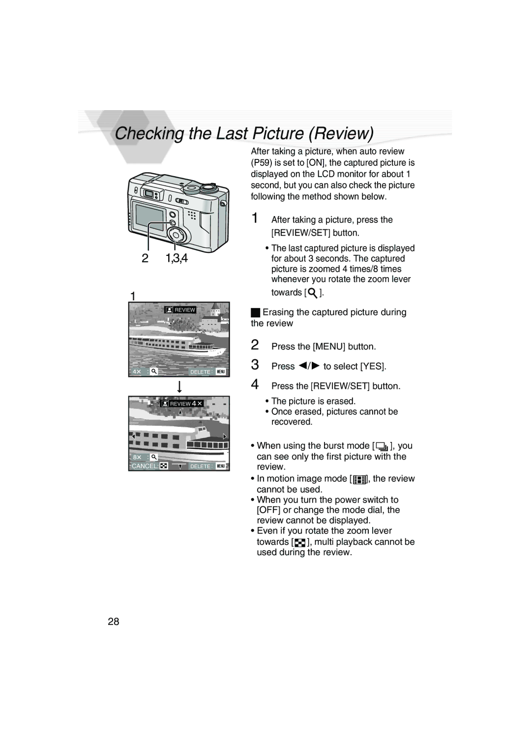 Panasonic DMC-LC20PP operating instructions Checking the Last Picture Review, 3,4 