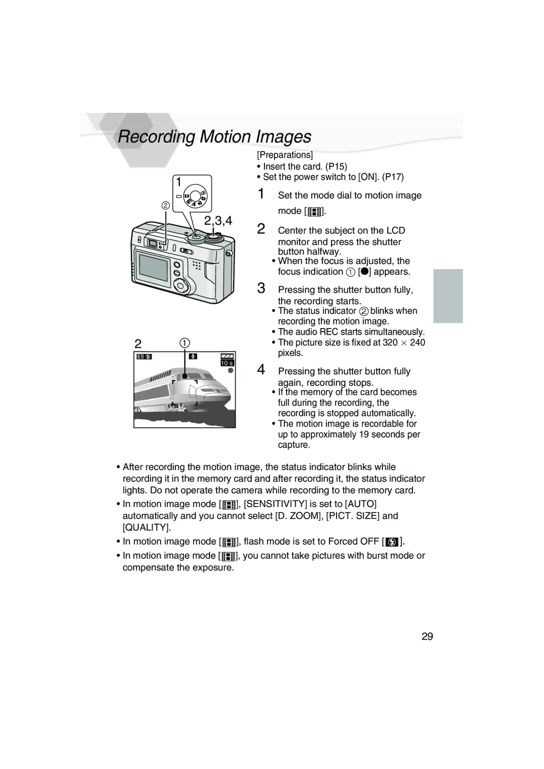 Panasonic DMC-LC20PP operating instructions Recording Motion Images 