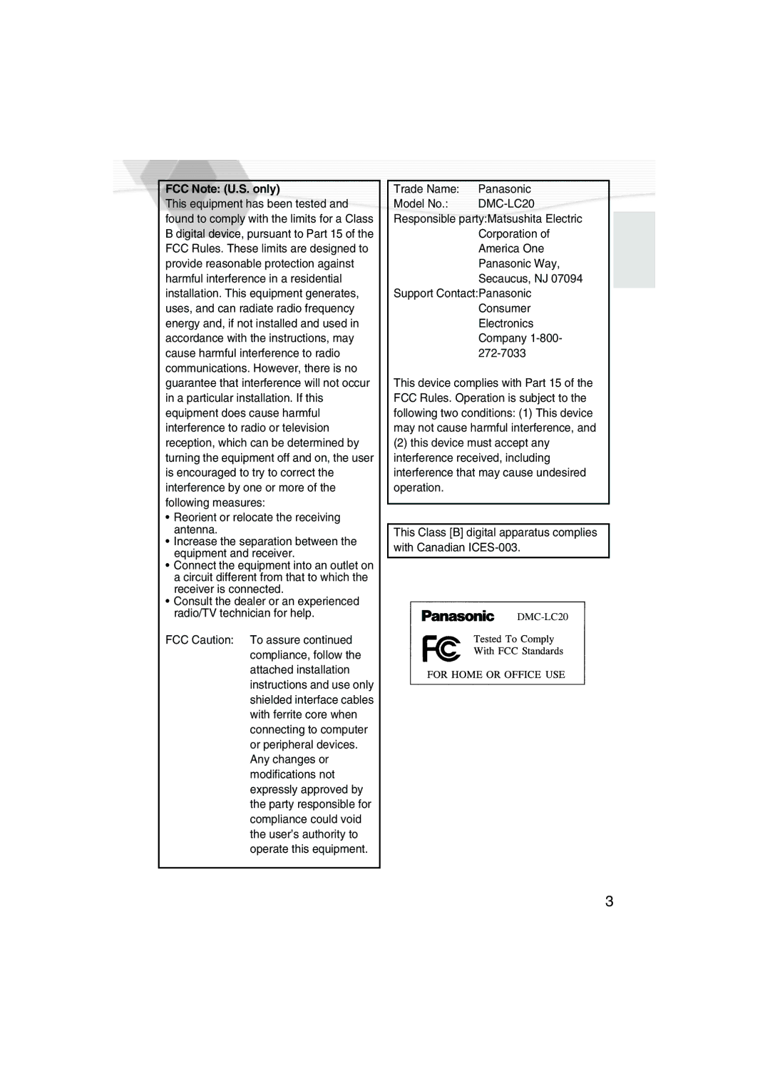 Panasonic DMC-LC20PP operating instructions FCC Note U.S. only 