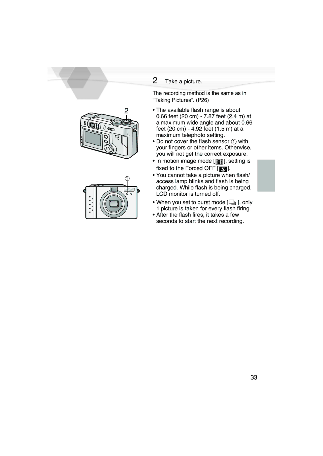 Panasonic DMC-LC20PP Taking Pictures. P26, Available flash range is about, Feet 20 cm 7.87 feet 2.4 m at 