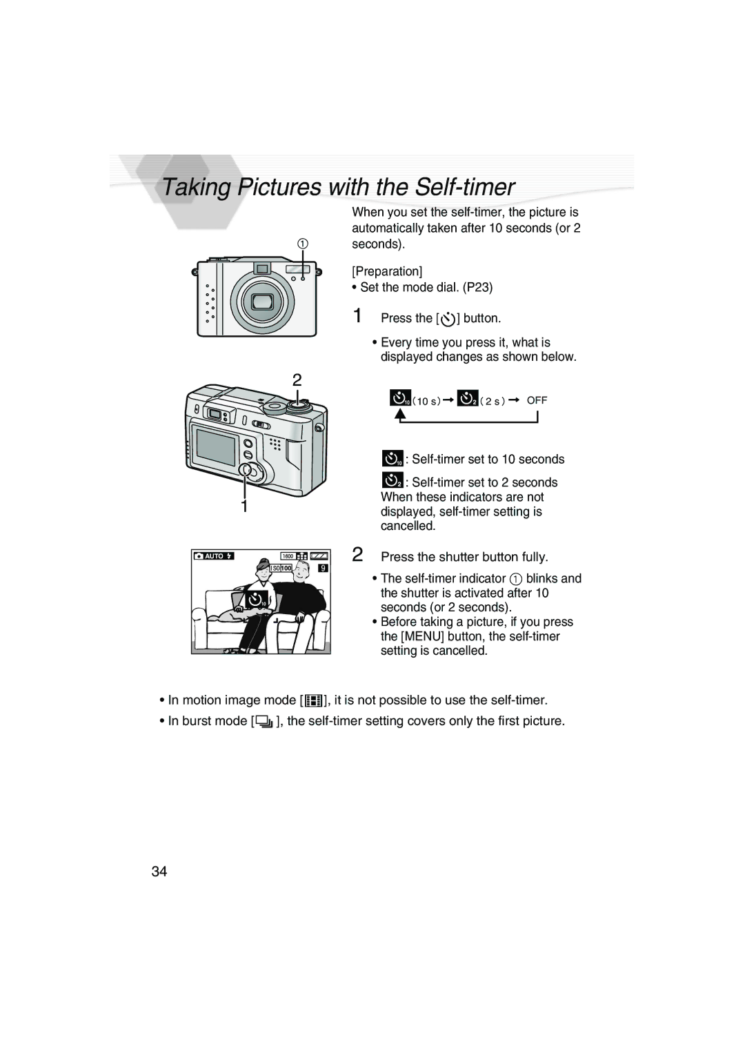 Panasonic DMC-LC20PP operating instructions Taking Pictures with the Self-timer 