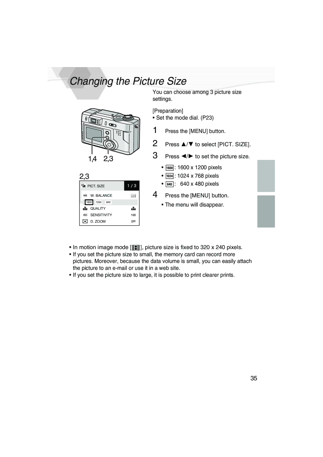 Panasonic DMC-LC20PP operating instructions Changing the Picture Size, 2,3 