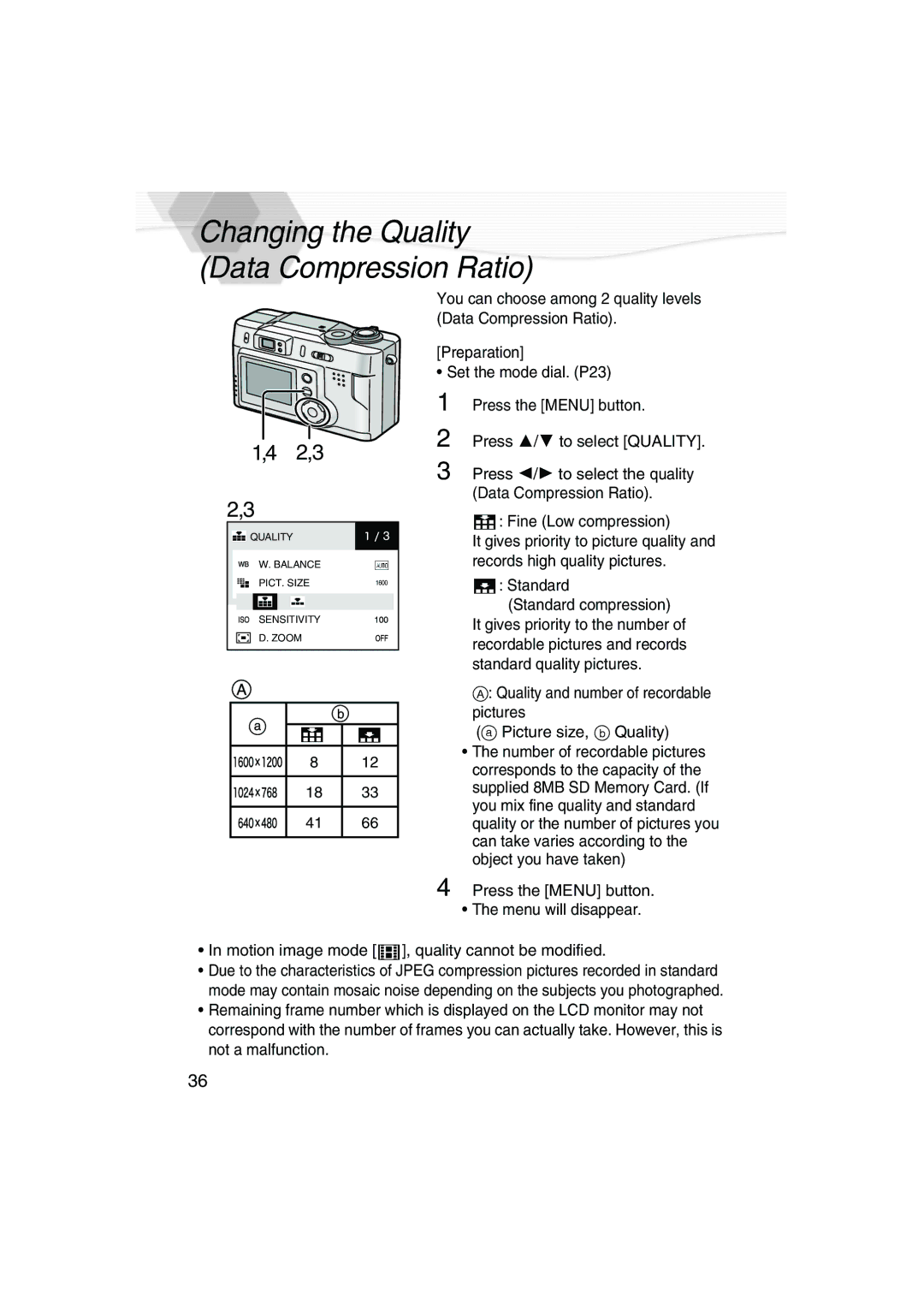 Panasonic DMC-LC20PP operating instructions Changing the Quality Data Compression Ratio 