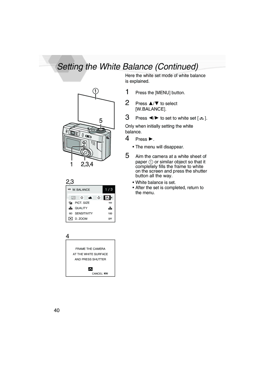 Panasonic DMC-LC20PP operating instructions Here the white set mode of white balance is explained 