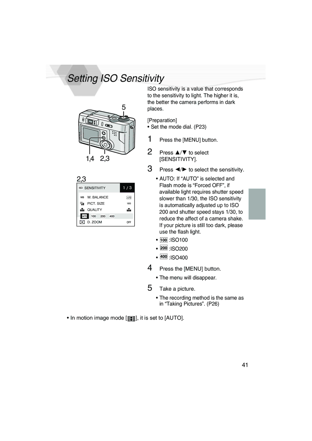 Panasonic DMC-LC20PP operating instructions Setting ISO Sensitivity, Press 2/1 to select the sensitivity 