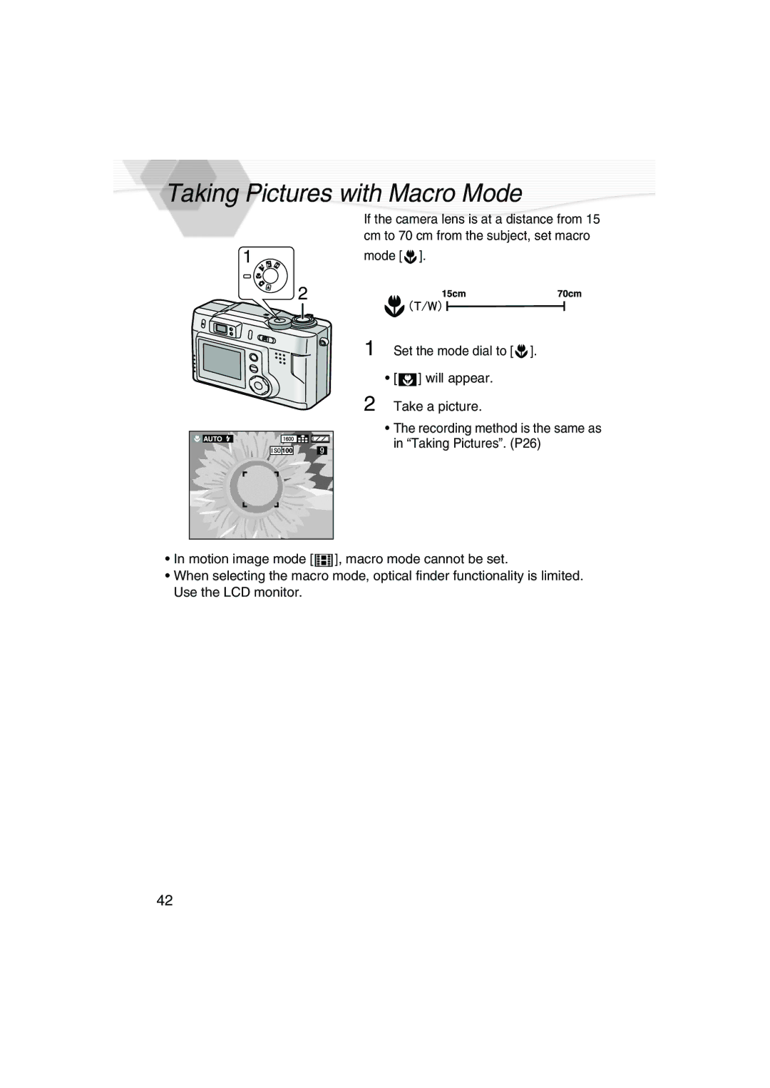 Panasonic DMC-LC20PP operating instructions Taking Pictures with Macro Mode 