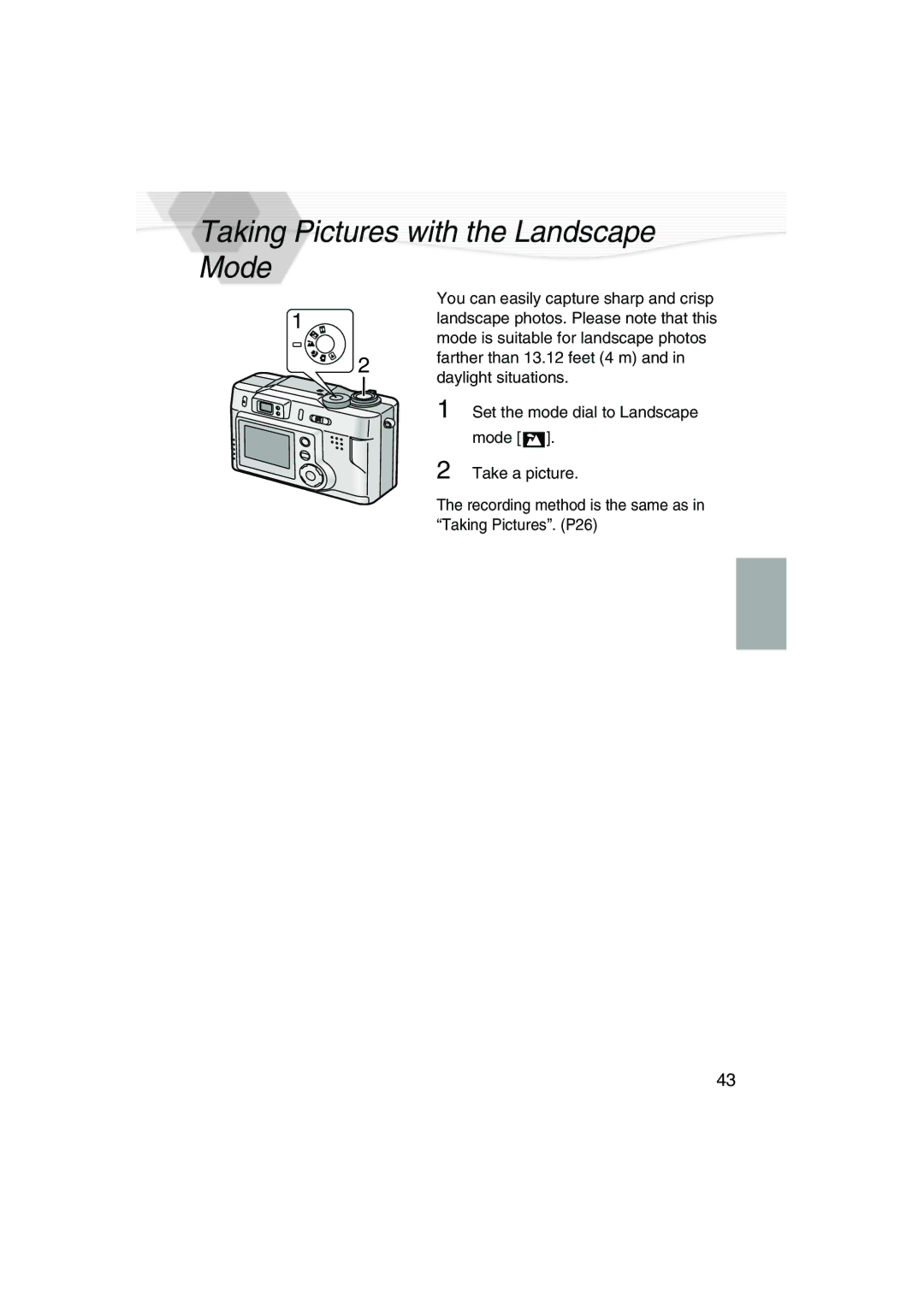 Panasonic DMC-LC20PP operating instructions Taking Pictures with the Landscape Mode, Daylight situations 