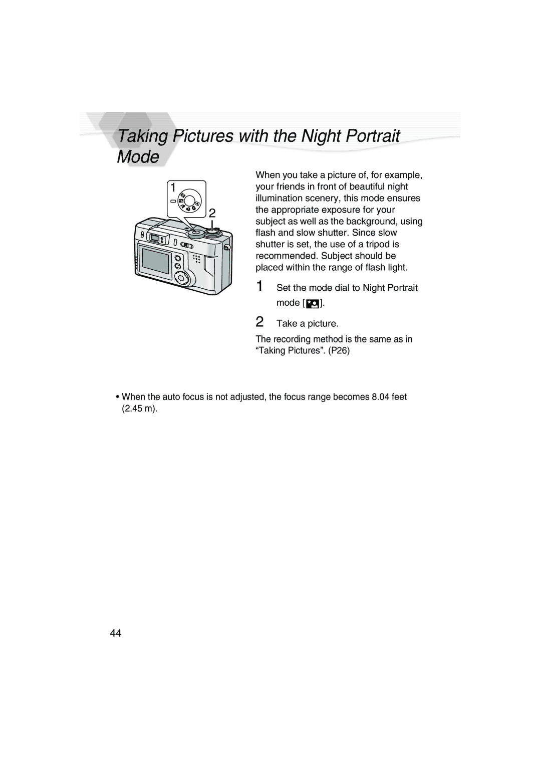 Panasonic DMC-LC20PP operating instructions Taking Pictures with the Night Portrait Mode 