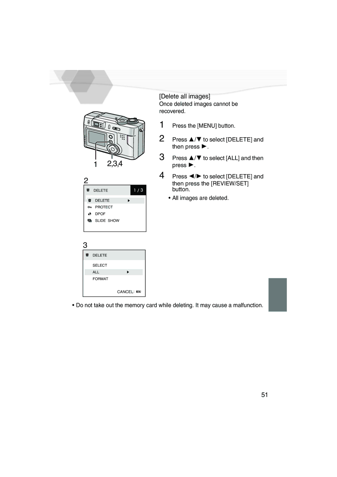 Panasonic DMC-LC20PP operating instructions Delete all images 