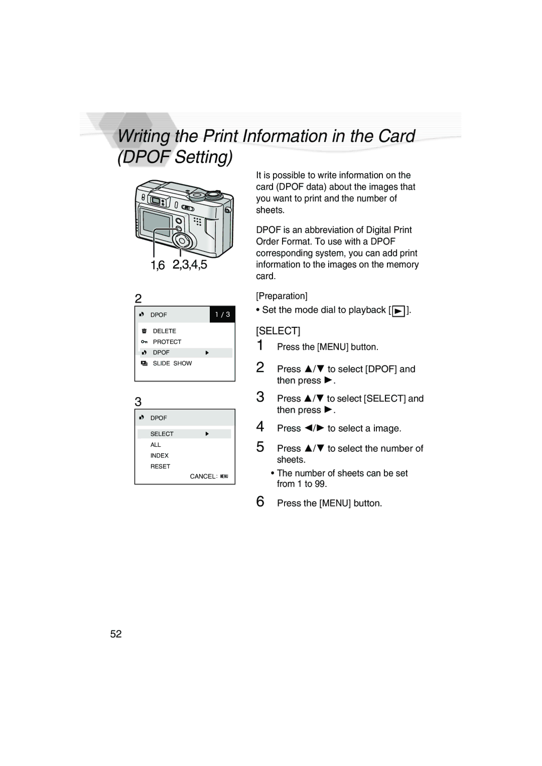 Panasonic DMC-LC20PP operating instructions Writing the Print Information in the Card Dpof Setting, 2,3,4,5 