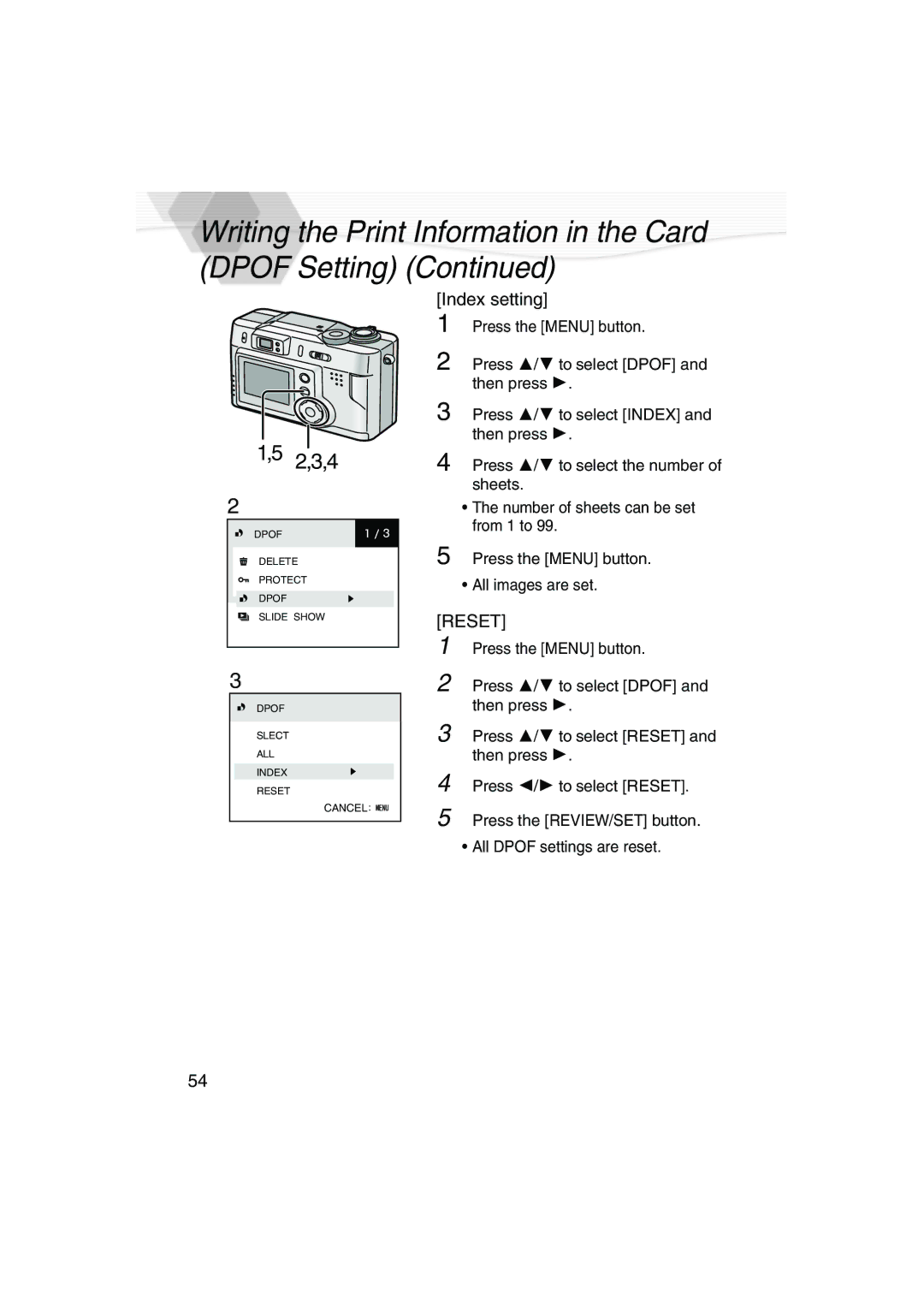 Panasonic DMC-LC20PP operating instructions Index setting, Reset 