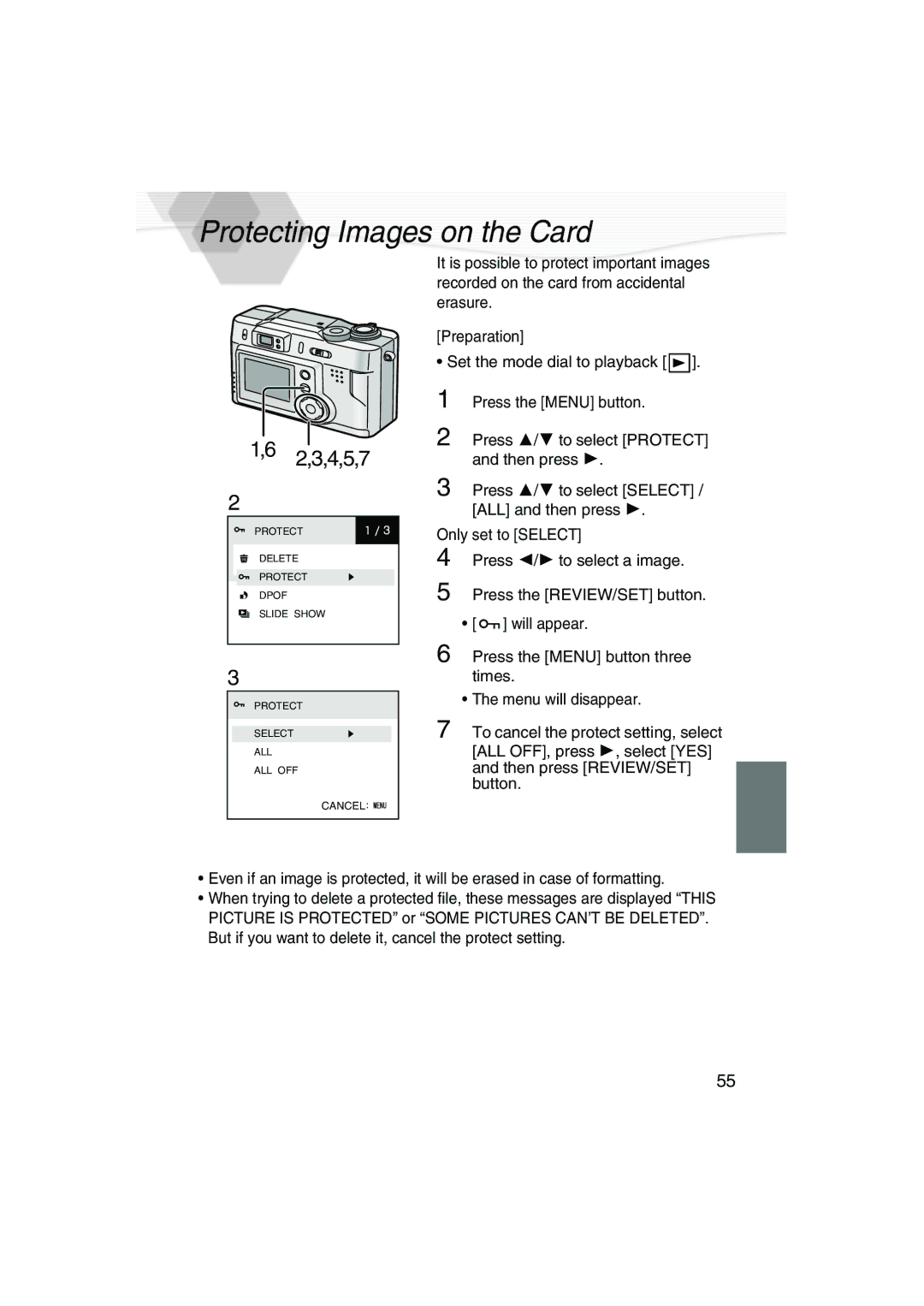 Panasonic DMC-LC20PP operating instructions Protecting Images on the Card, 2,3,4,5,7 