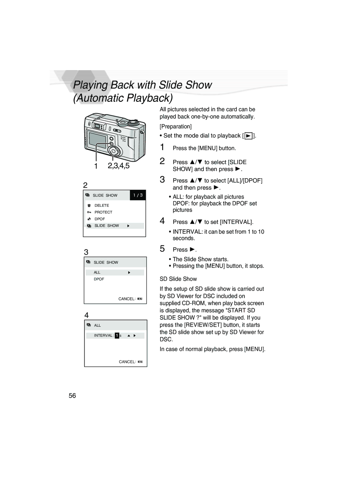 Panasonic DMC-LC20PP Playing Back with Slide Show Automatic Playback, 3,4,5, Case of normal playback, press Menu 