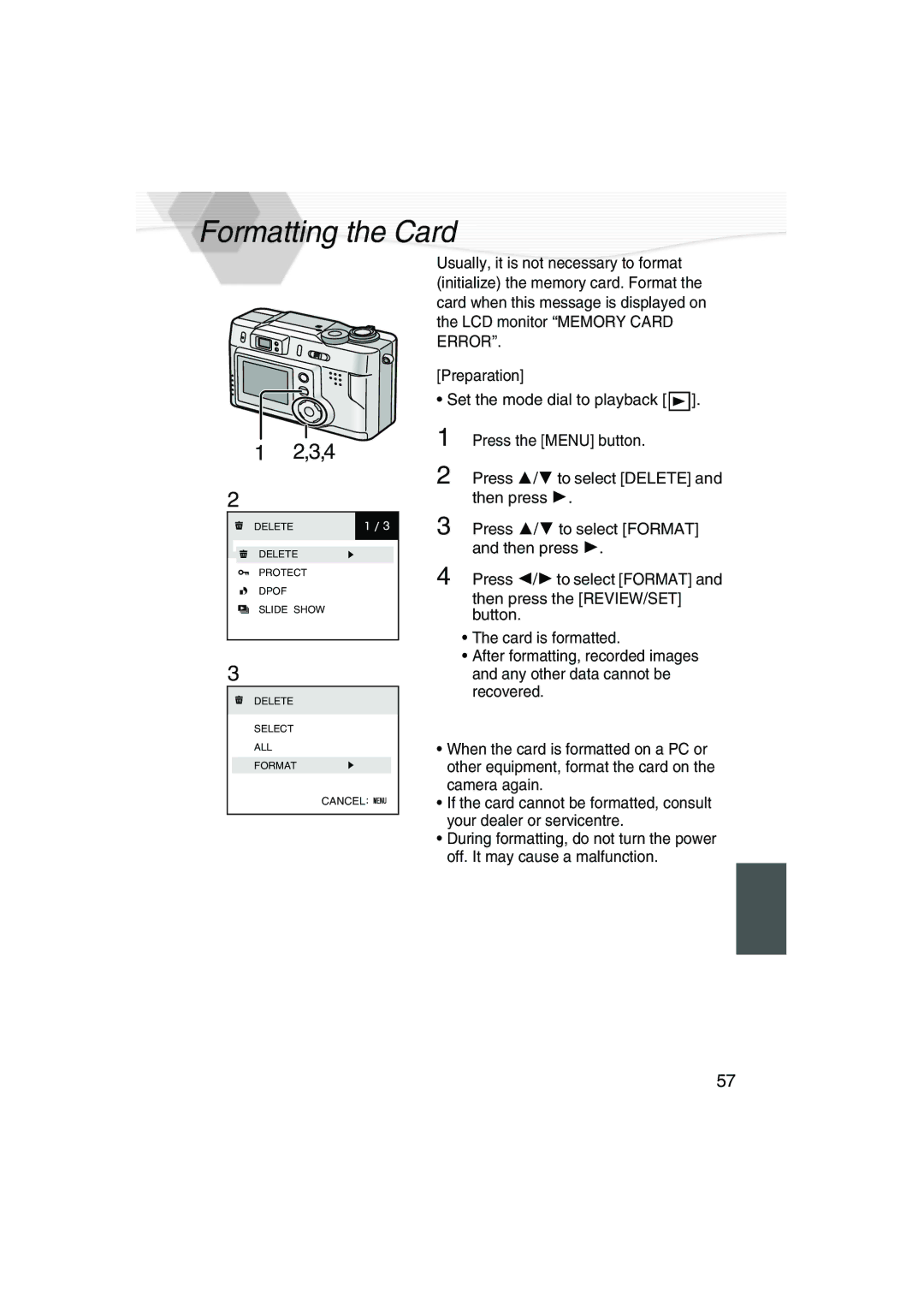 Panasonic DMC-LC20PP operating instructions Formatting the Card, 3,4 