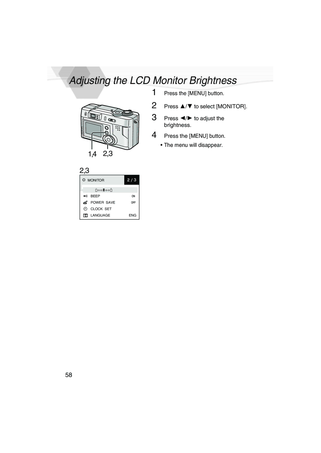 Panasonic DMC-LC20PP operating instructions Adjusting the LCD Monitor Brightness, 2,3 