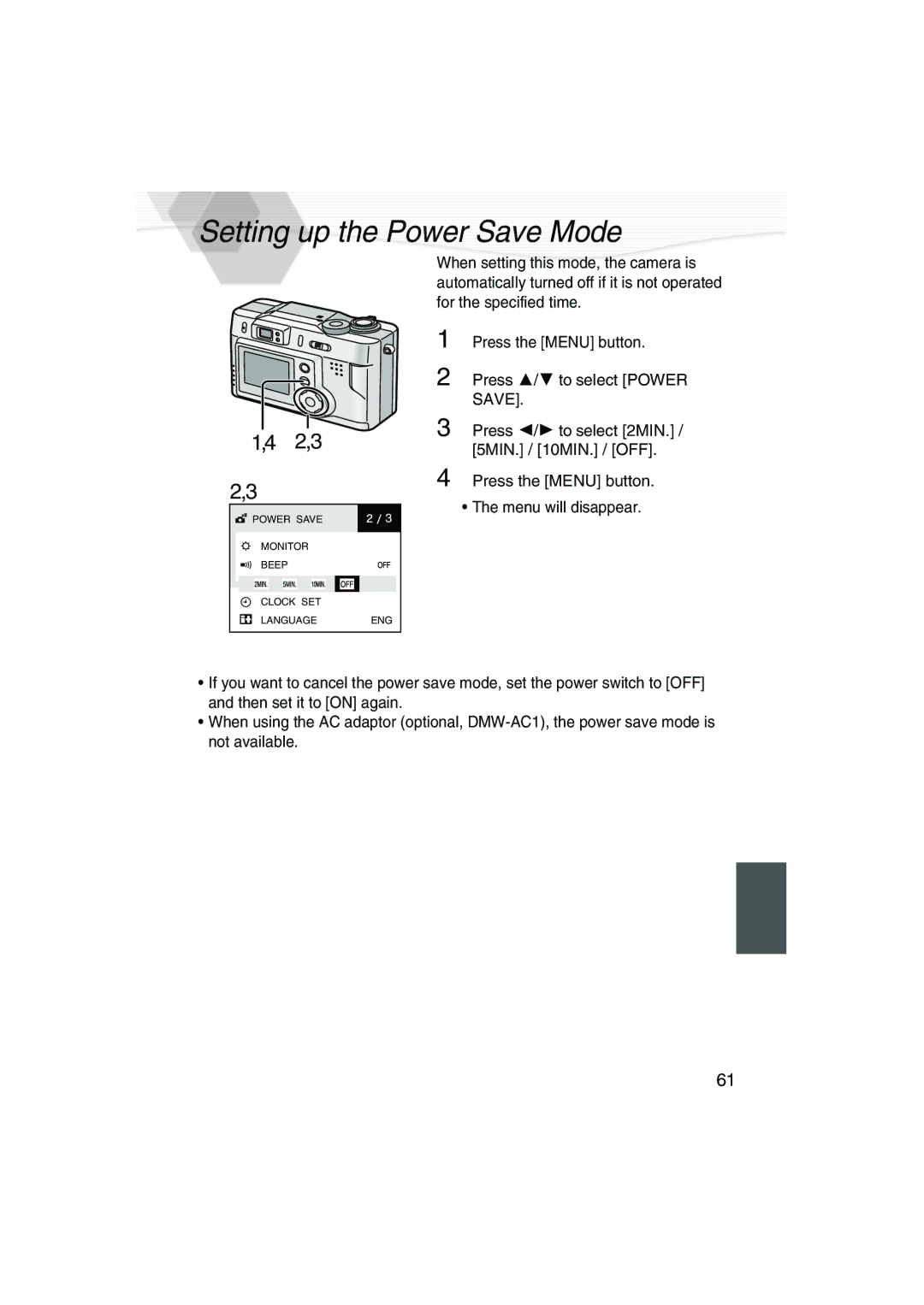 Panasonic DMC-LC20PP operating instructions Setting up the Power Save Mode 