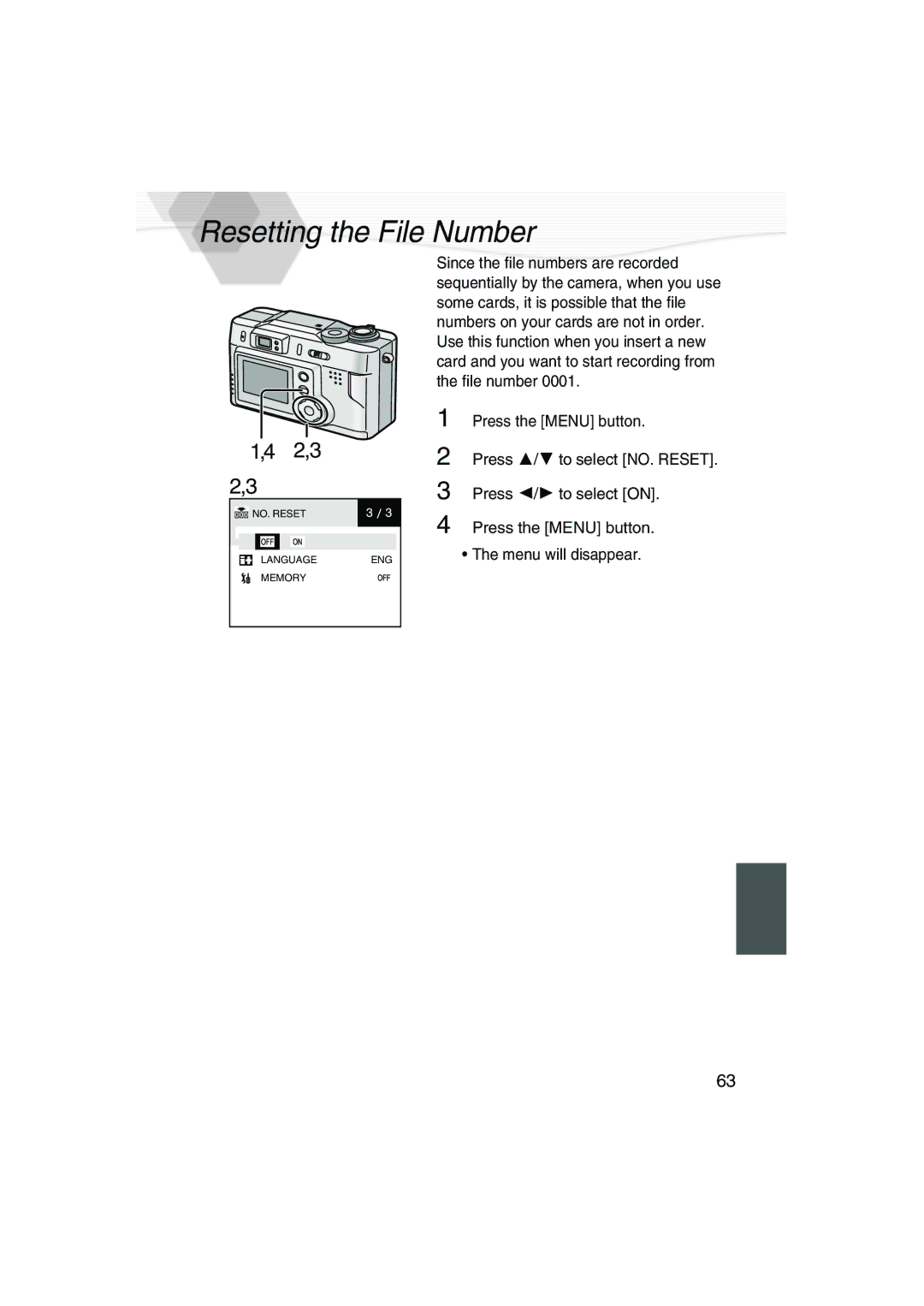 Panasonic DMC-LC20PP operating instructions Resetting the File Number 