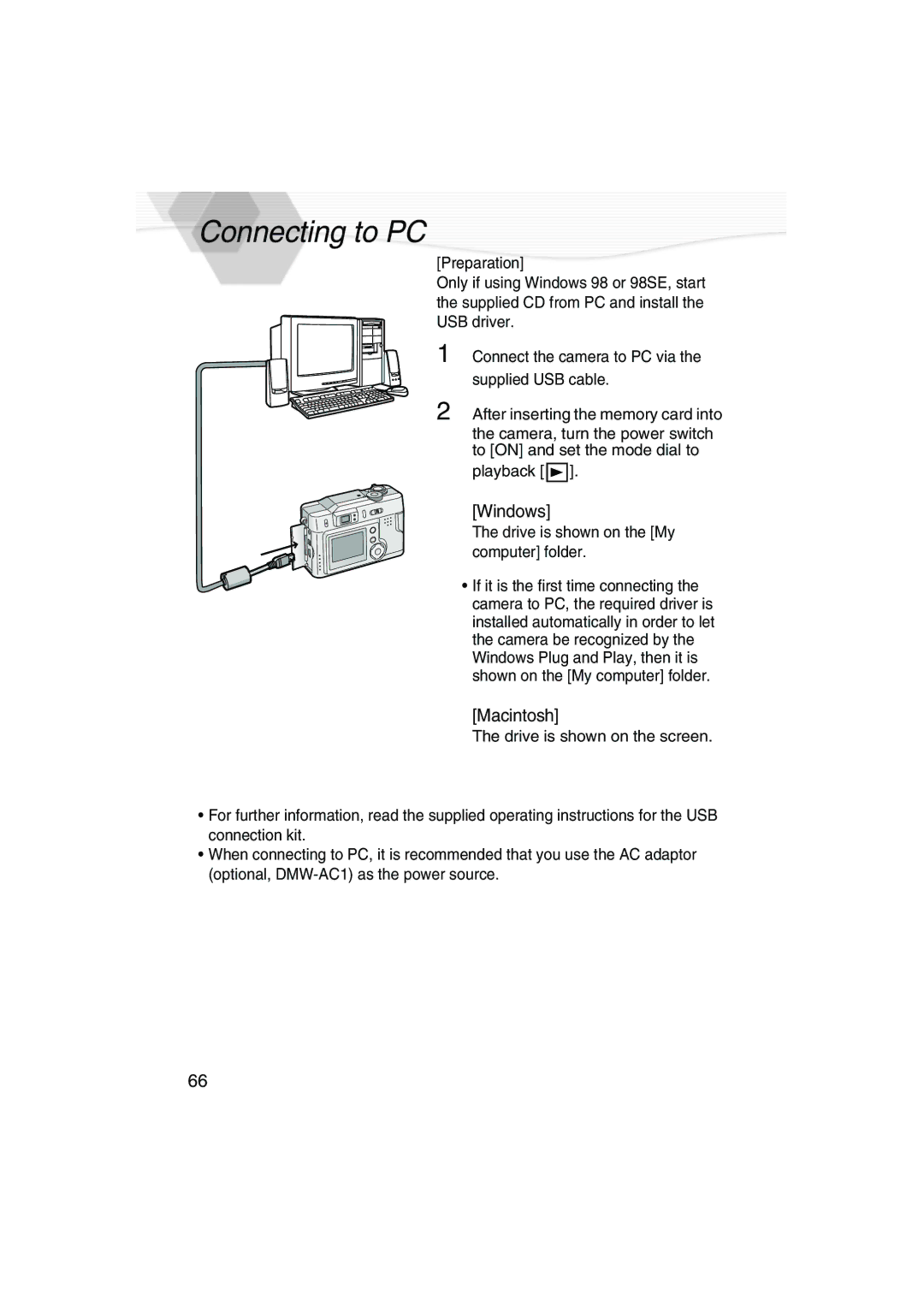 Panasonic DMC-LC20PP operating instructions Connecting to PC, Windows, Macintosh, Drive is shown on the My computer folder 