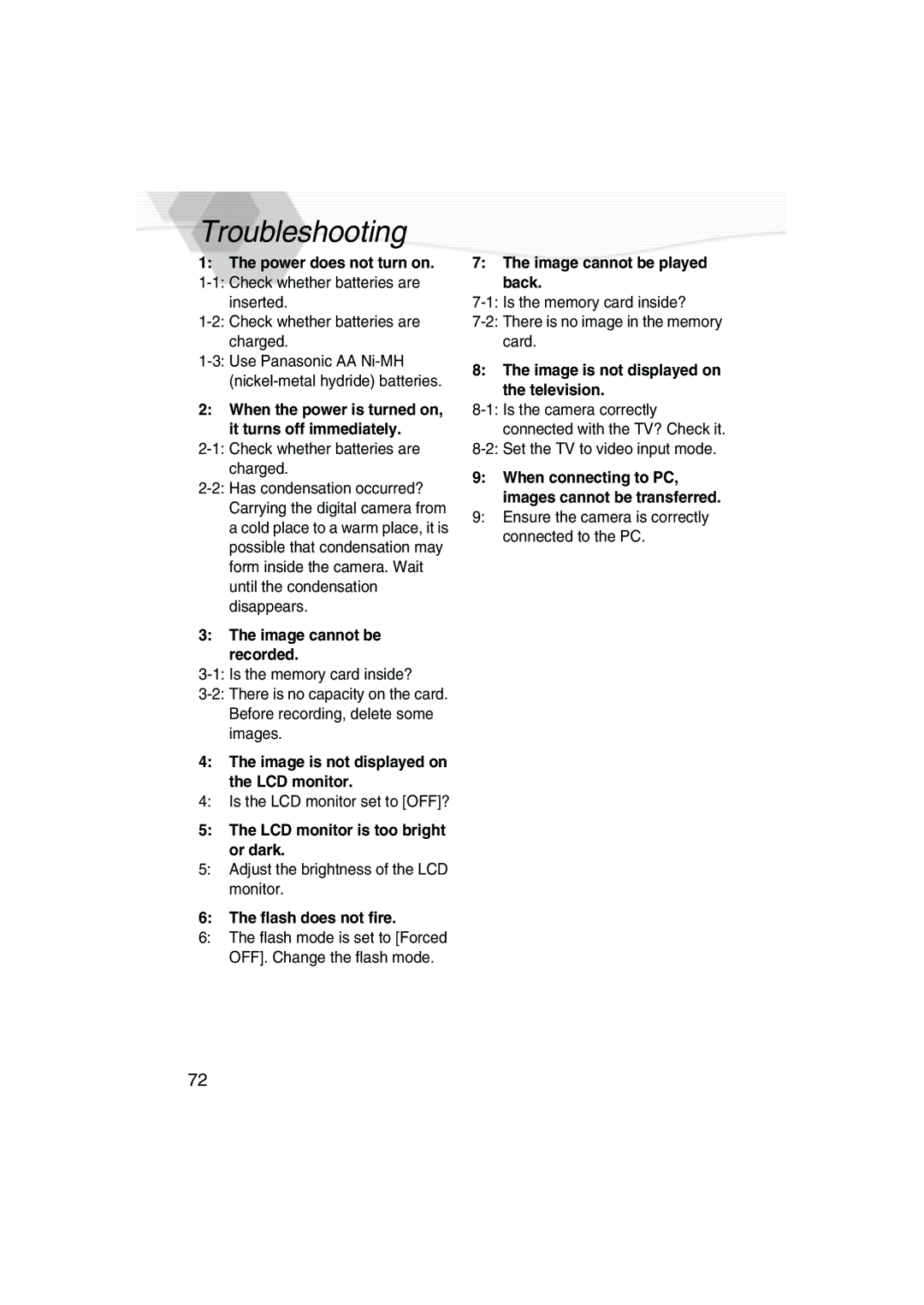 Panasonic DMC-LC20PP Troubleshooting, Inserted Check whether batteries are charged, Is the LCD monitor set to OFF? 