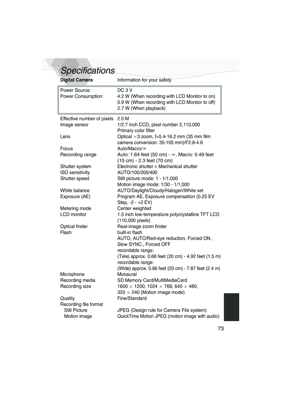 Panasonic DMC-LC20PP operating instructions Specifications, Information for your safety, 110,000 pixels 