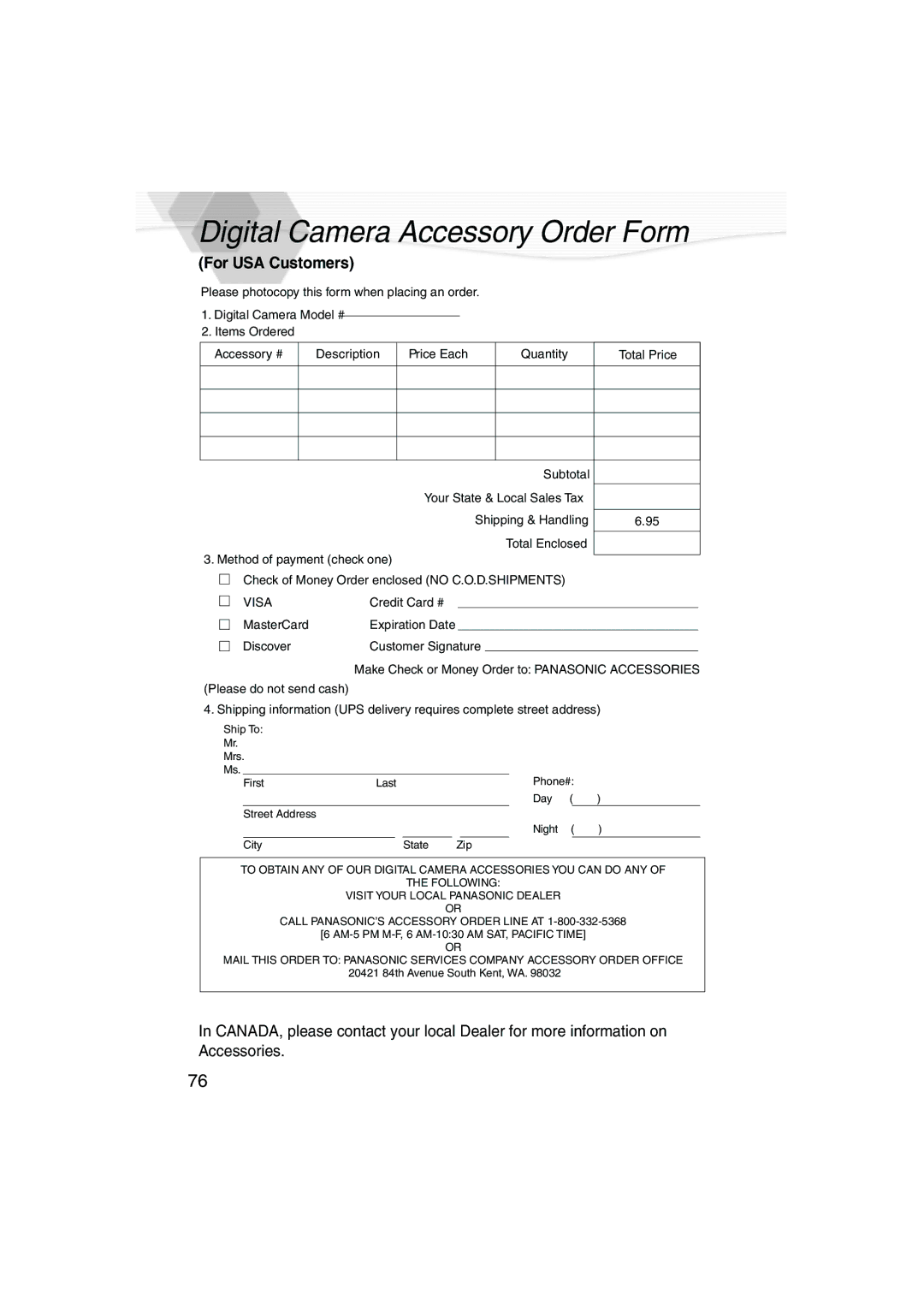 Panasonic DMC-LC20PP operating instructions Digital Camera Accessory Order Form, For USA Customers 