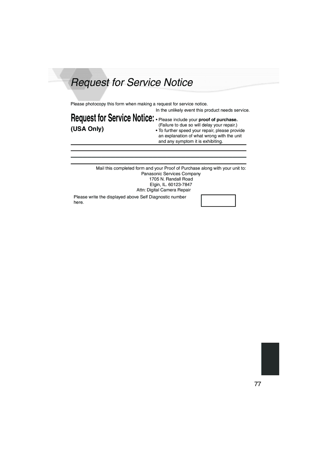 Panasonic DMC-LC20PP operating instructions Request for Service Notice 