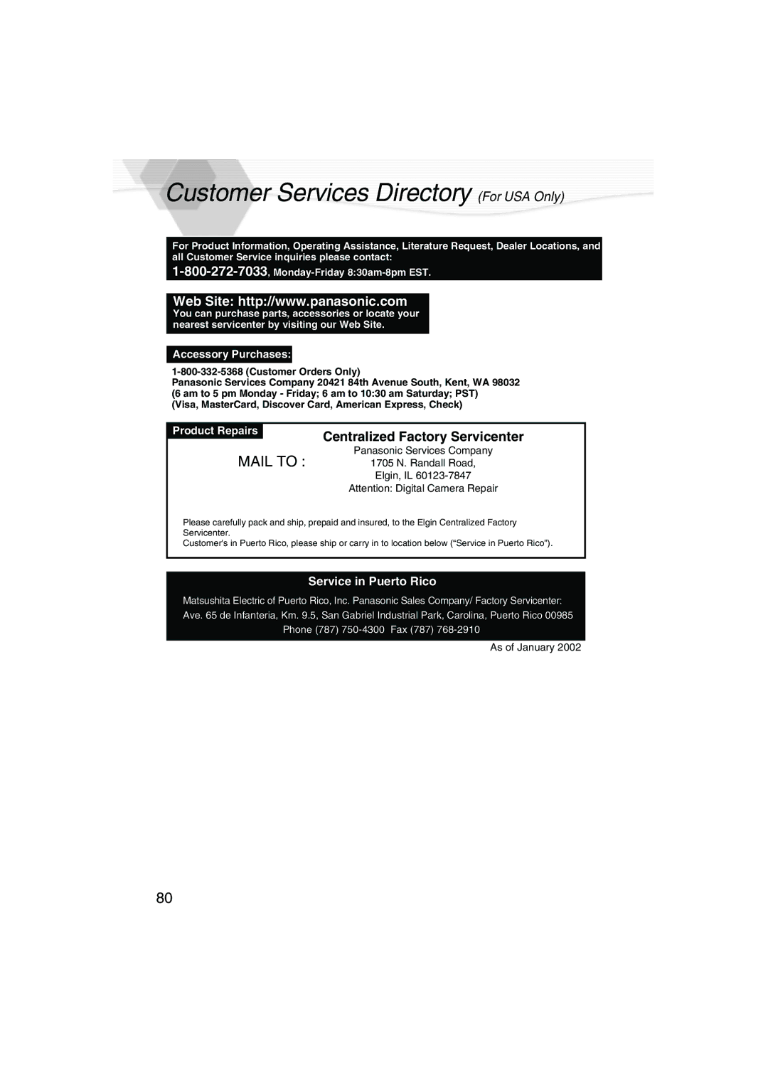 Panasonic DMC-LC20PP operating instructions Customer Services Directory For USA Only, Accessory Purchases 