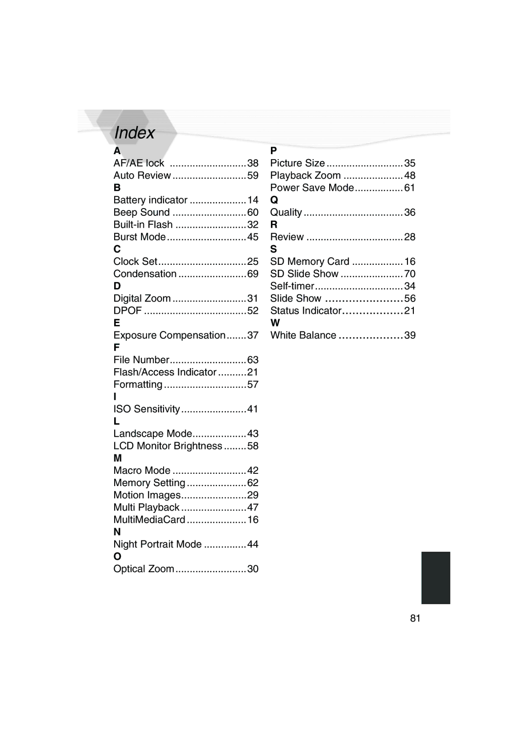 Panasonic DMC-LC20PP operating instructions Index, Slide Show, Status Indicator, White Balance 