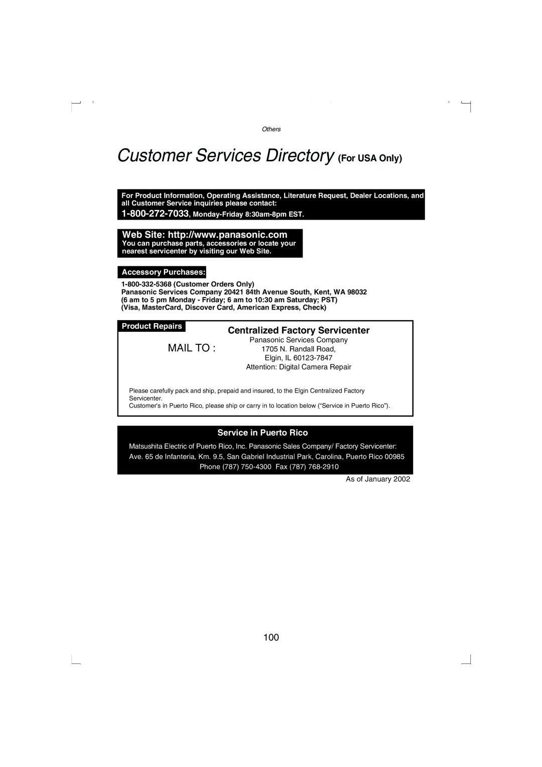 Panasonic DMC-LC33PP operating instructions Customer Services Directory For USA Only, Accessory Purchases 