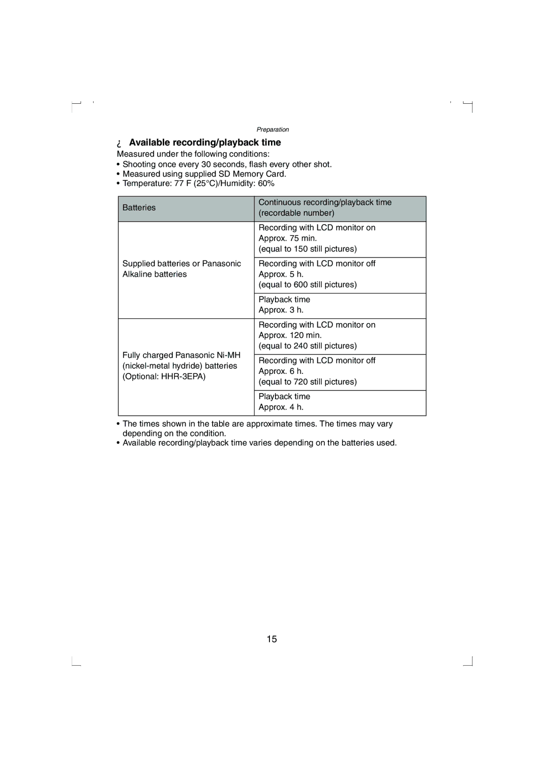 Panasonic DMC-LC33PP operating instructions Available recording/playback time 