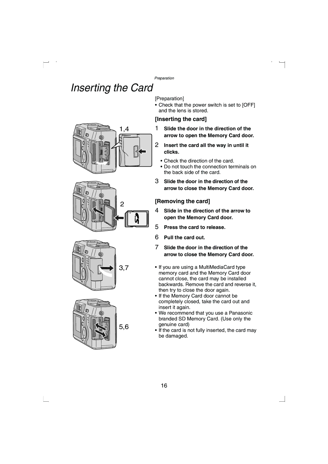 Panasonic DMC-LC33PP operating instructions Inserting the Card, Inserting the card, Removing the card 