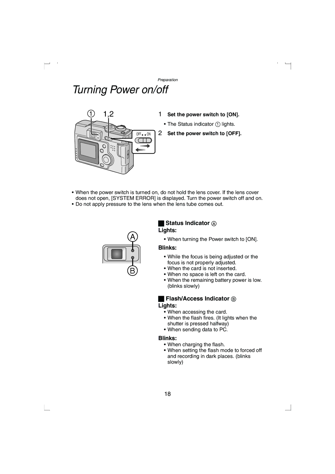 Panasonic DMC-LC33PP Turning Power on/off, Status Indicator a Lights, Blinks, Flash/Access Indicator B Lights 