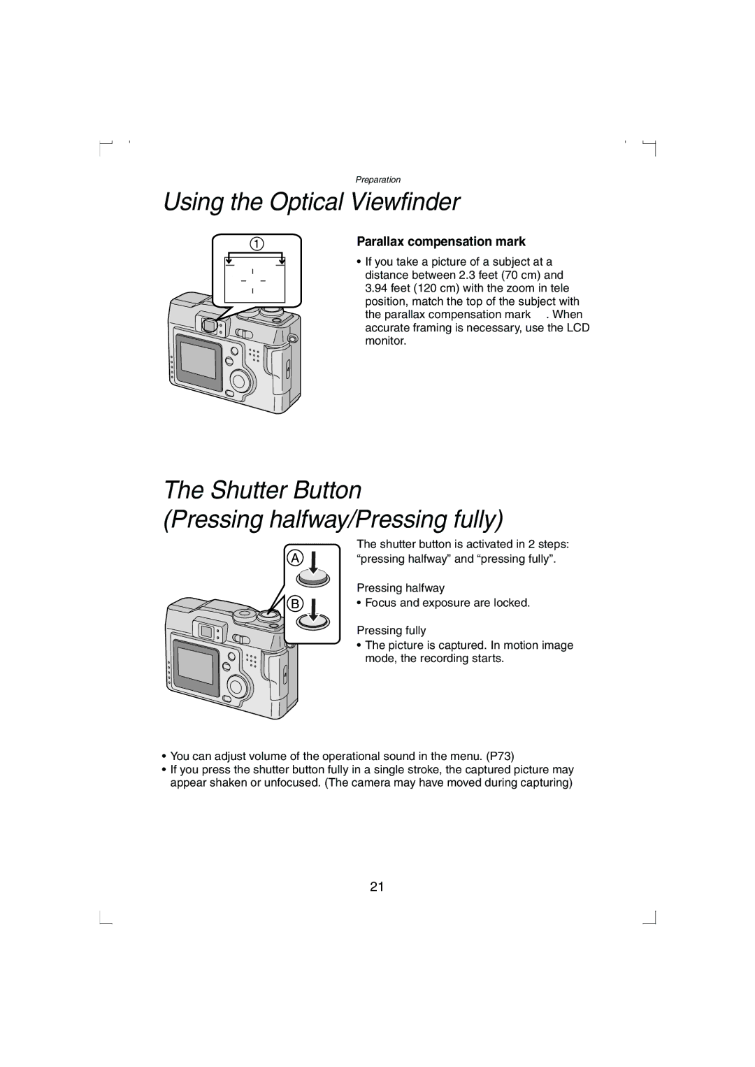 Panasonic DMC-LC33PP operating instructions Using the Optical Viewfinder, Shutter Button Pressing halfway/Pressing fully 