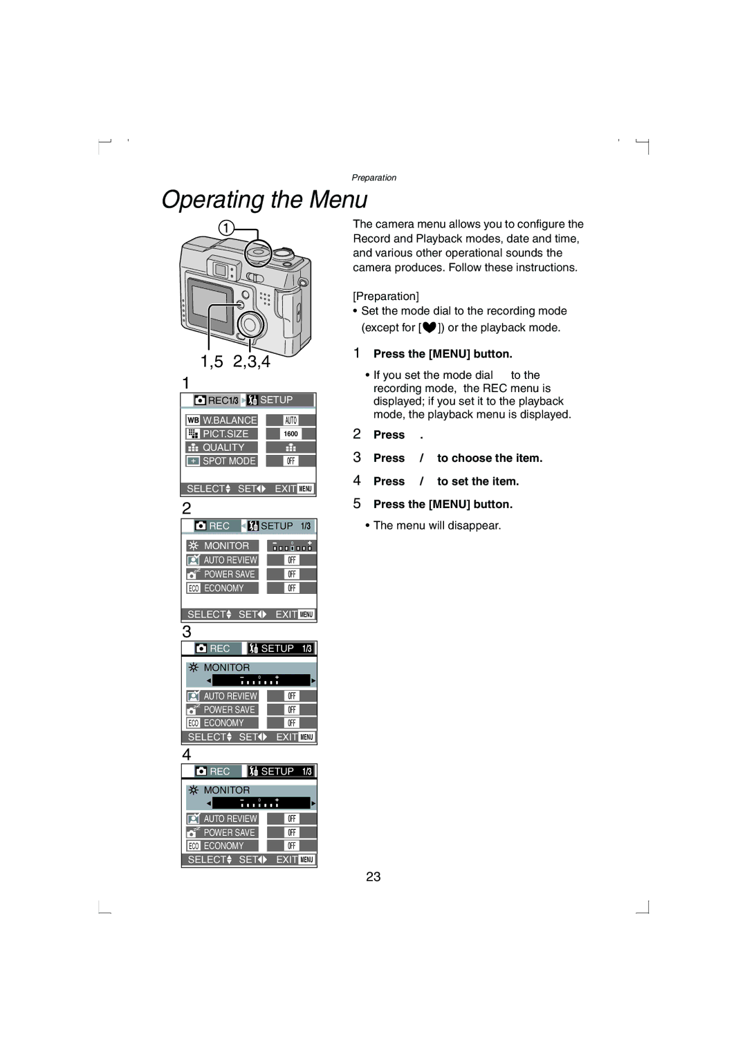 Panasonic DMC-LC33PP operating instructions Operating the Menu, Press the Menu button 