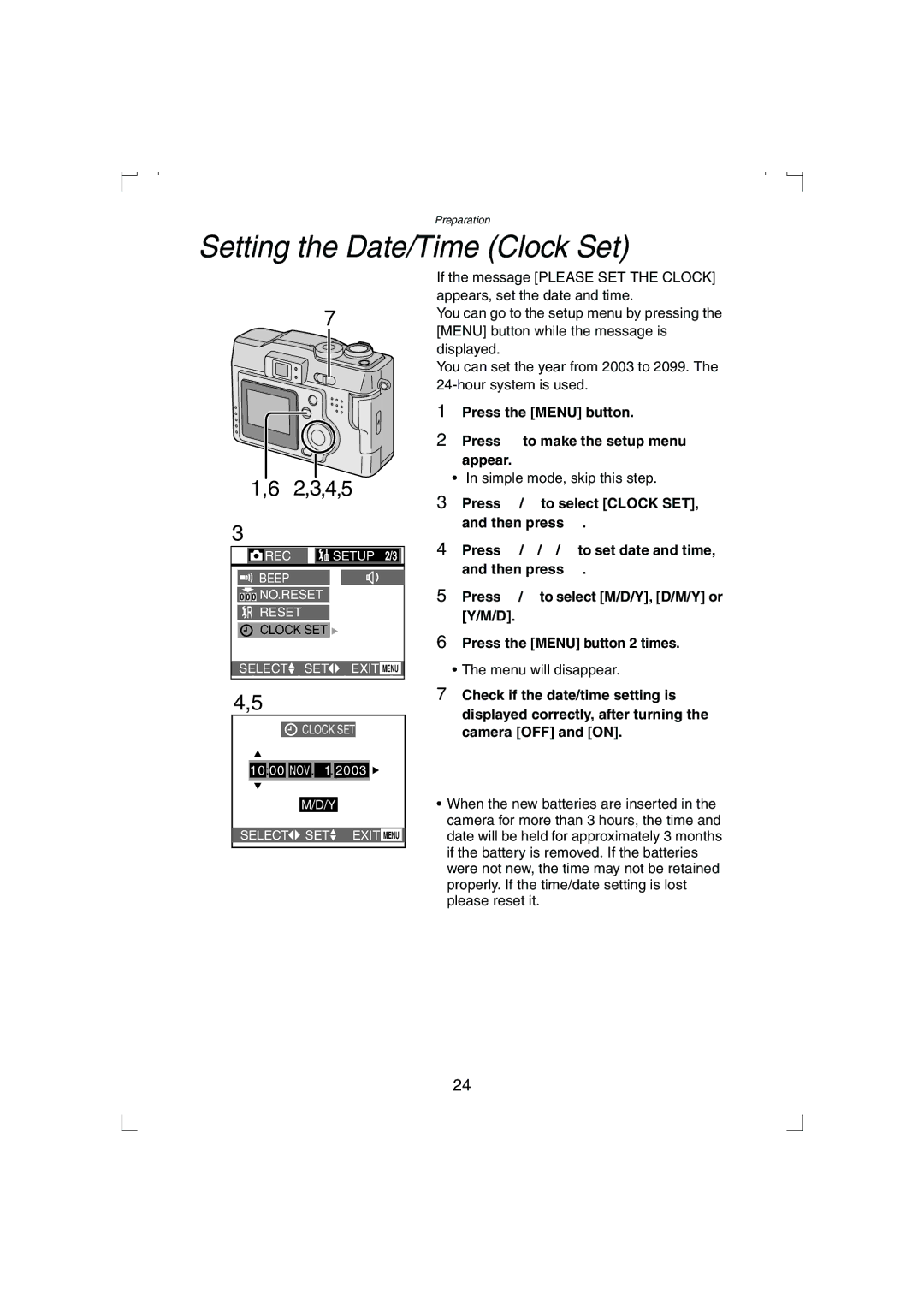 Panasonic DMC-LC33PP Setting the Date/Time Clock Set, 4,5, Press the Menu button Press 1 to make the setup menu appear 