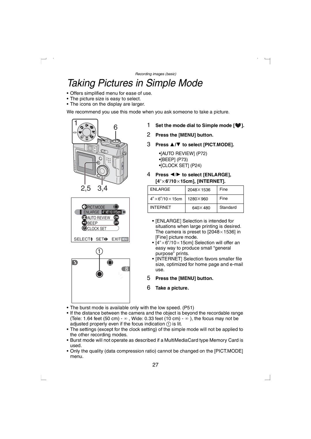 Panasonic DMC-LC33PP Taking Pictures in Simple Mode, Press 2/1 to select ENLARGE, 4qa6q/10a15cm, Internet 