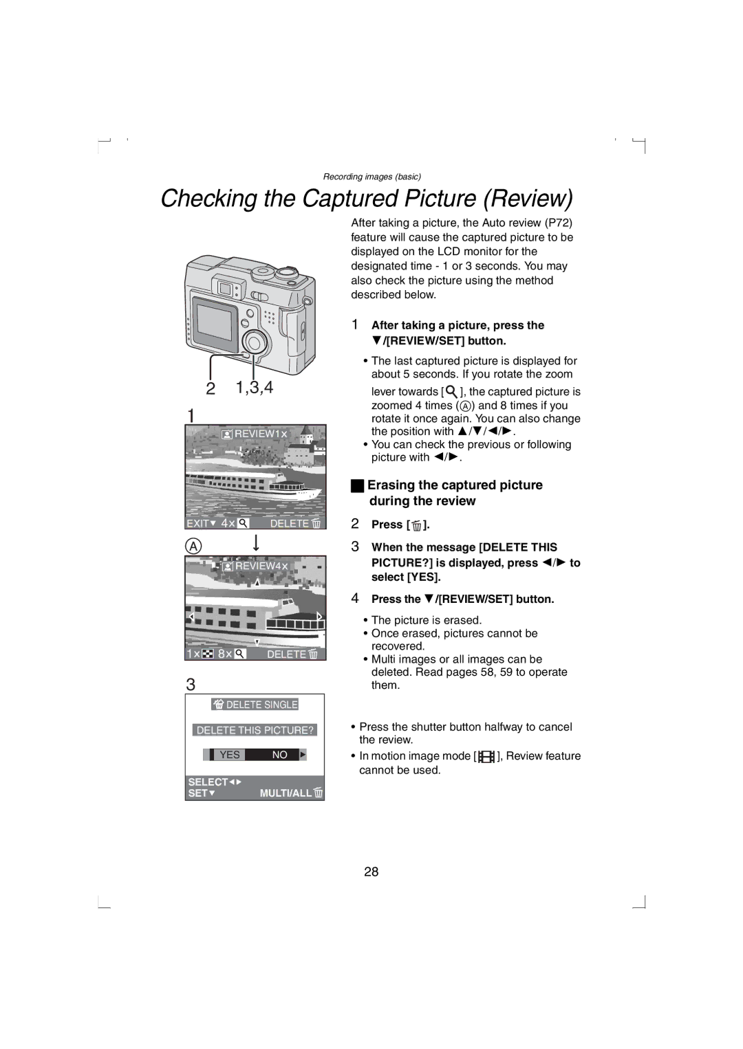 Panasonic DMC-LC33PP Checking the Captured Picture Review, Erasing the captured picture during the review 