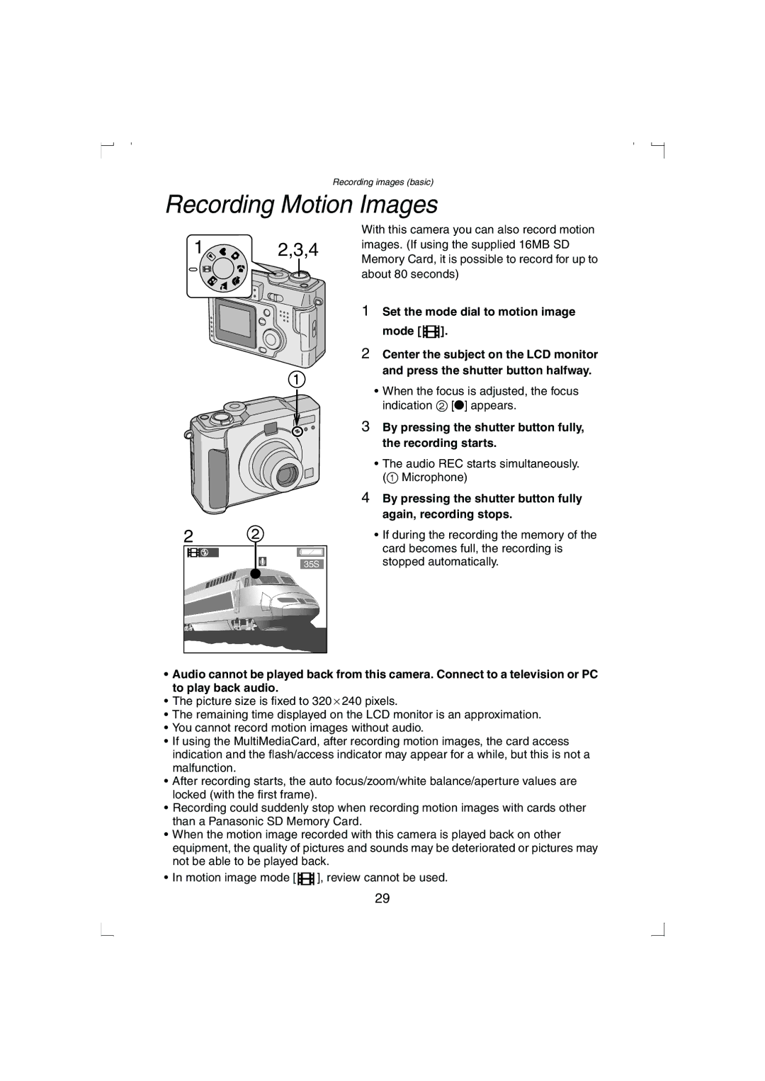 Panasonic DMC-LC33PP operating instructions Recording Motion Images, Set the mode dial to motion image mode 