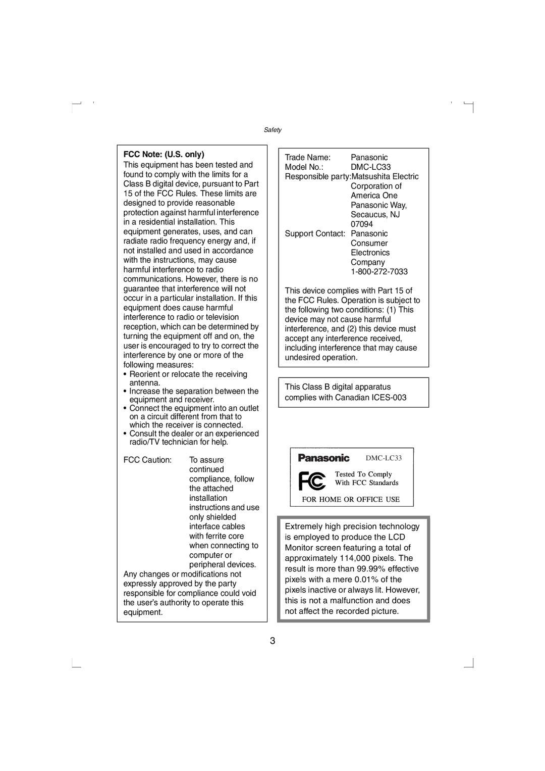 Panasonic DMC-LC33PP operating instructions FCC Note U.S. only 