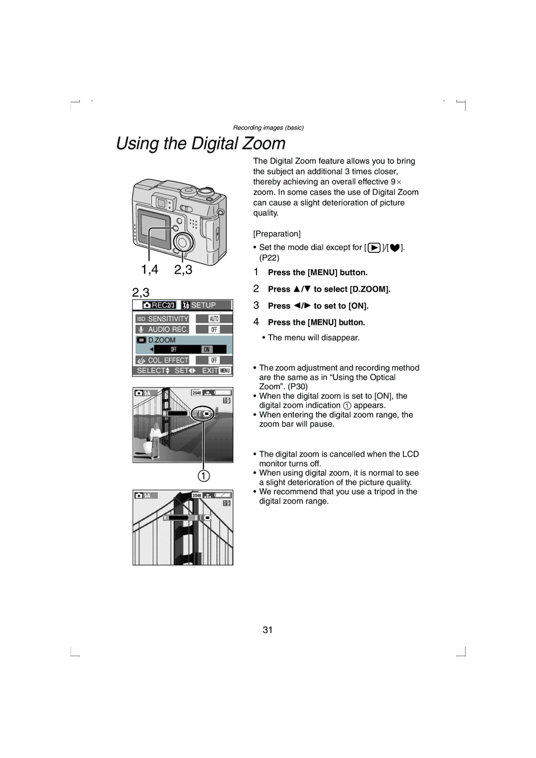 Panasonic DMC-LC33PP operating instructions Using the Digital Zoom, 2,3 