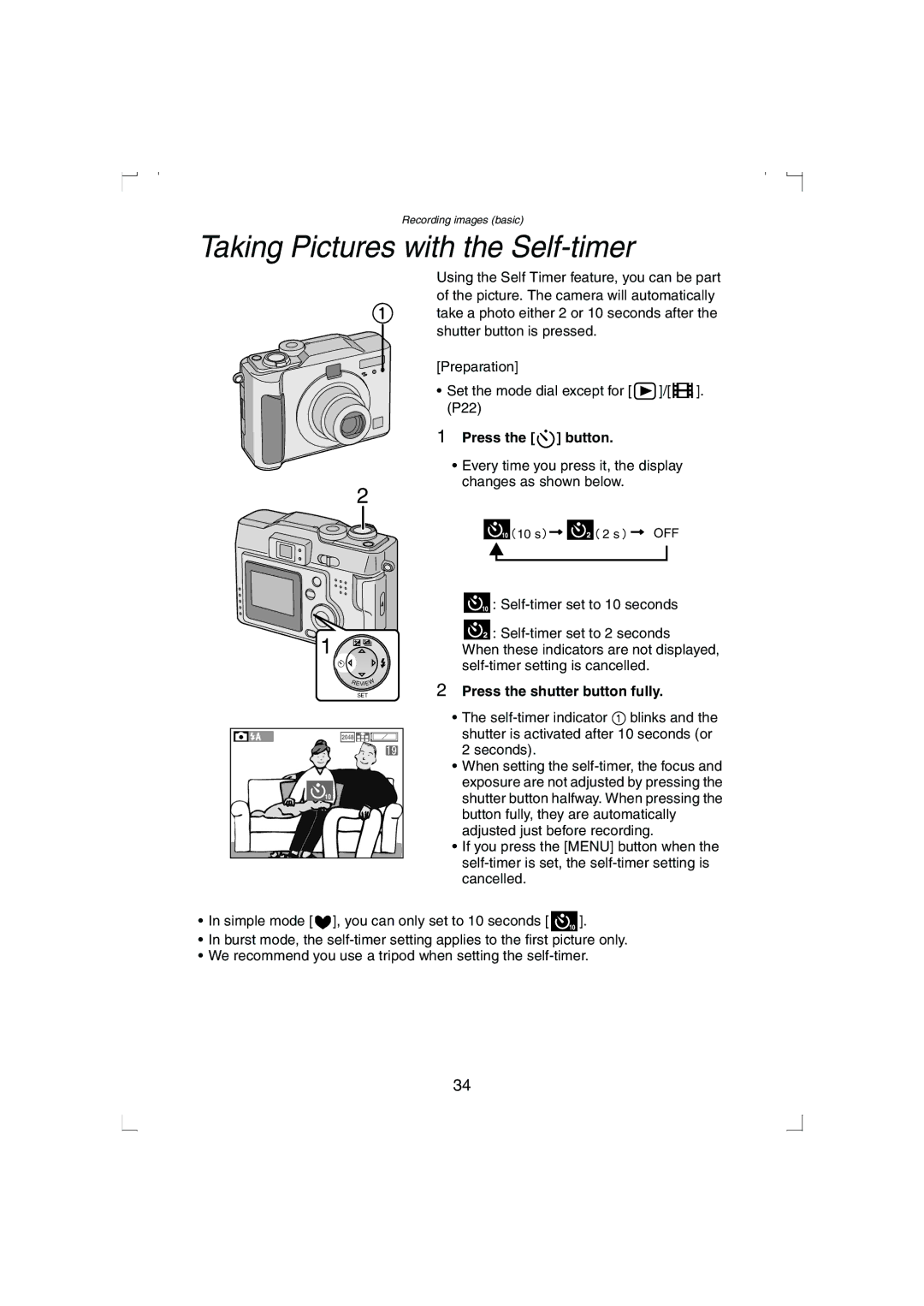 Panasonic DMC-LC33PP Taking Pictures with the Self-timer, Press the button, Press the shutter button fully 