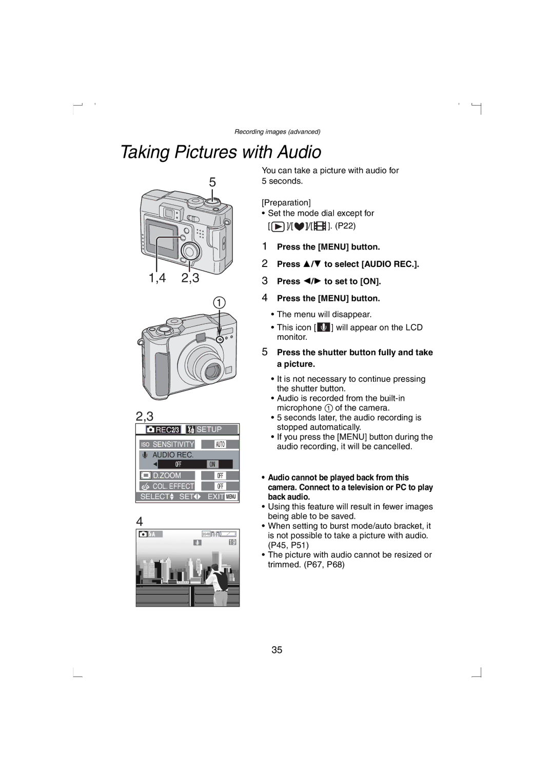 Panasonic DMC-LC33PP Taking Pictures with Audio, 2,3, Press the shutter button fully and take a picture 