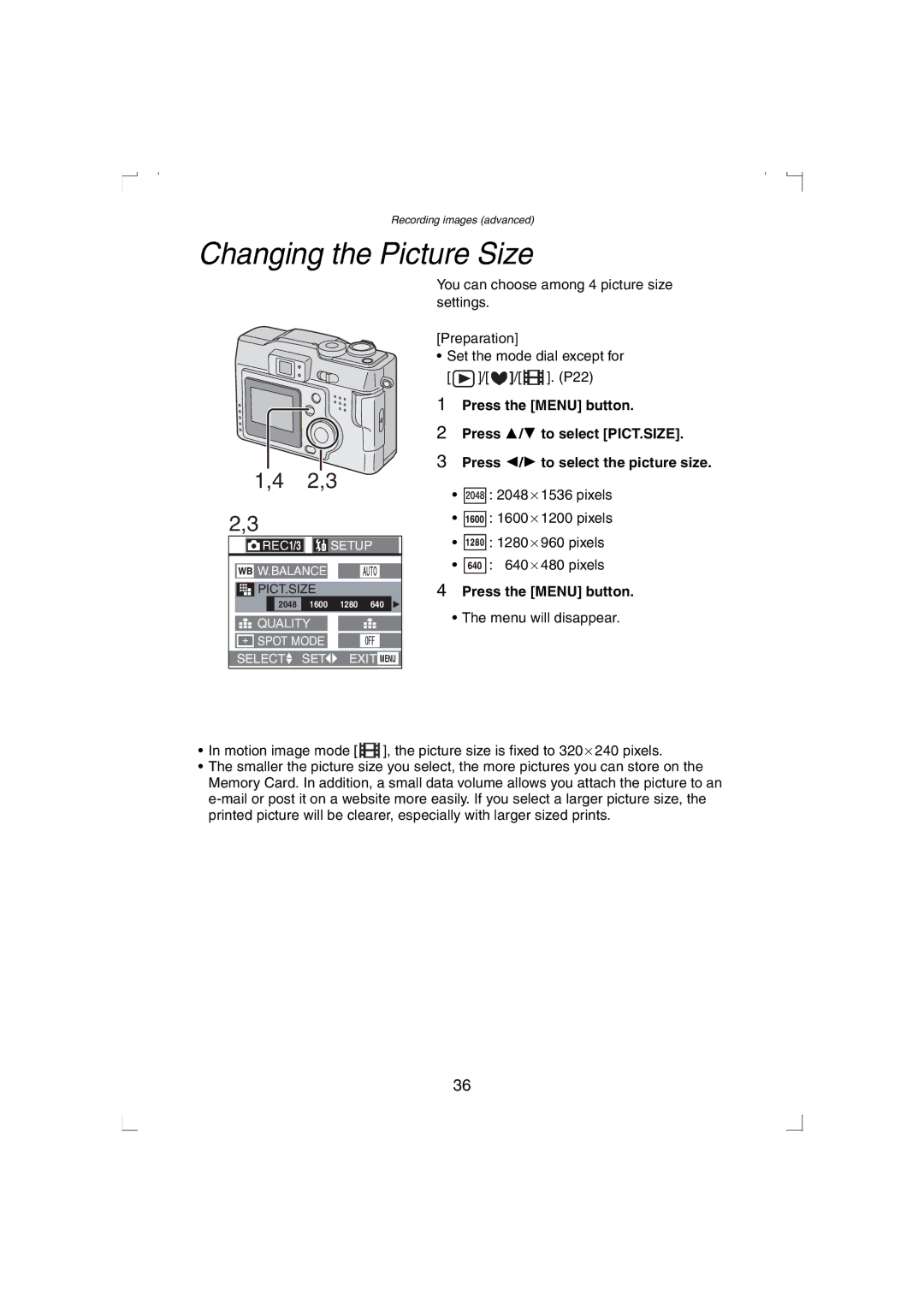 Panasonic DMC-LC33PP operating instructions Changing the Picture Size, Press the Menu button 